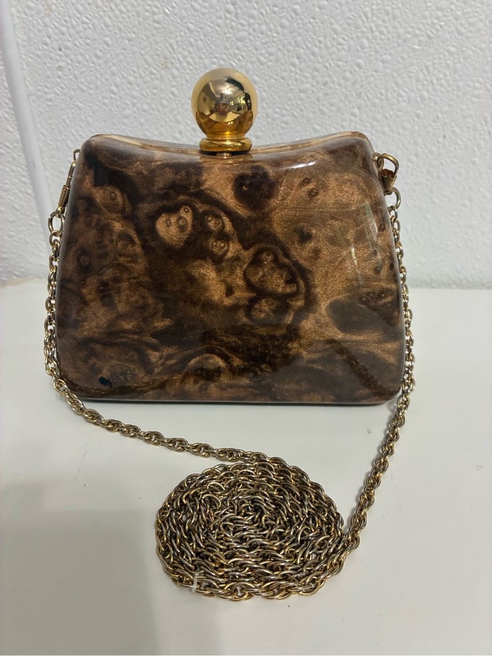 Y& S Gold Marble Acrylic Evening Clutch with Chain Vintage